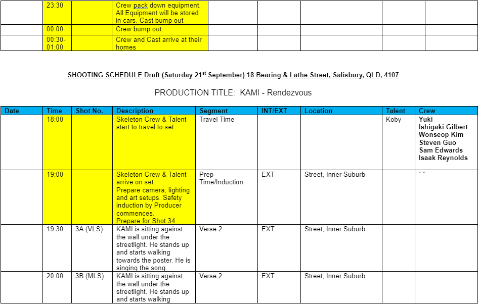 Detailed shooting schedule